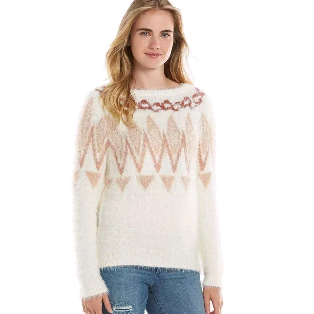 Lauren Conrad LC Ivory Pink Fair Isle Eyelash Sweater Sz XL Boatneck Fuzzy Soft